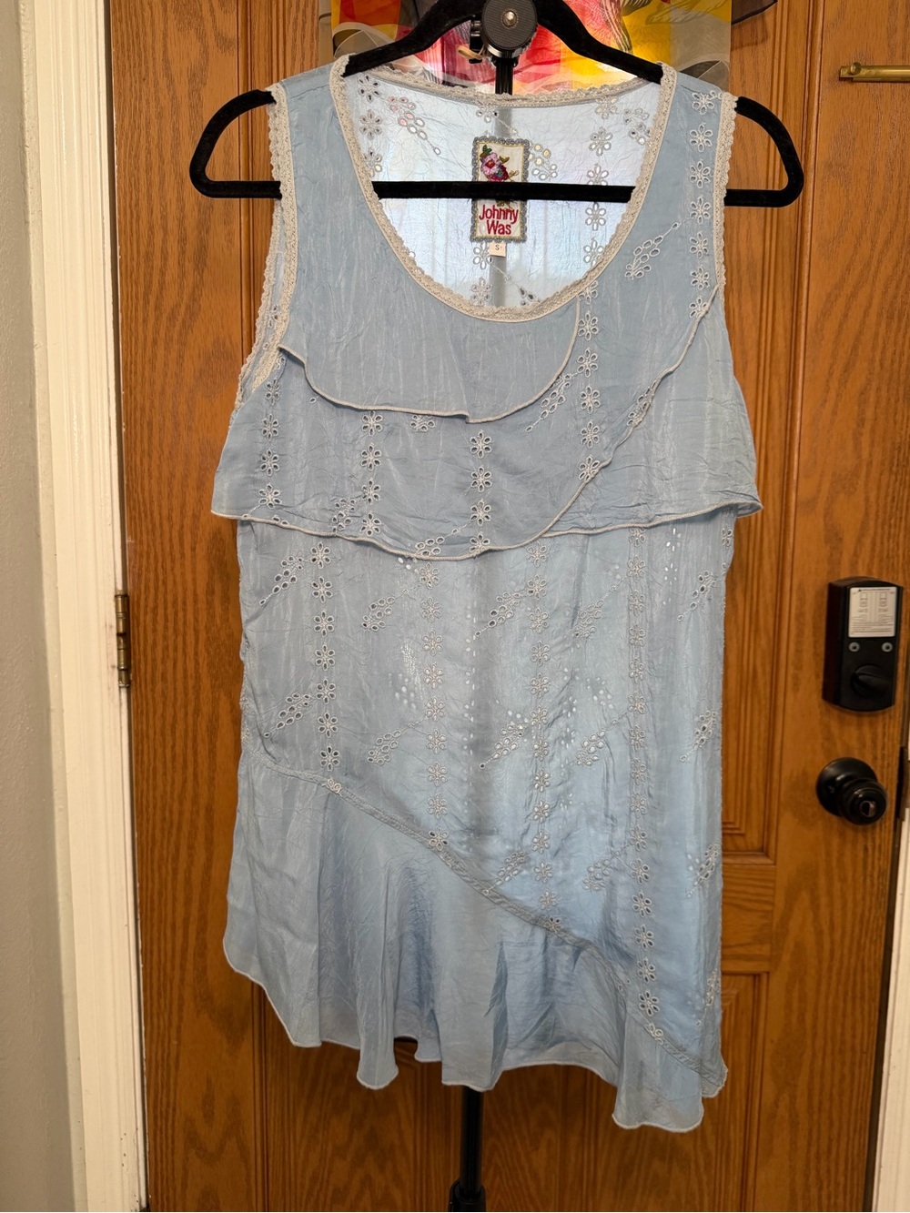 Vintage Johnny Was Pale Blue Eyelet Ruffle Tank Top